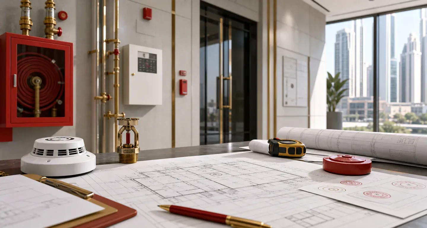 Fire safety engineering drawings and inspection-ready equipment in a modern UAE building.