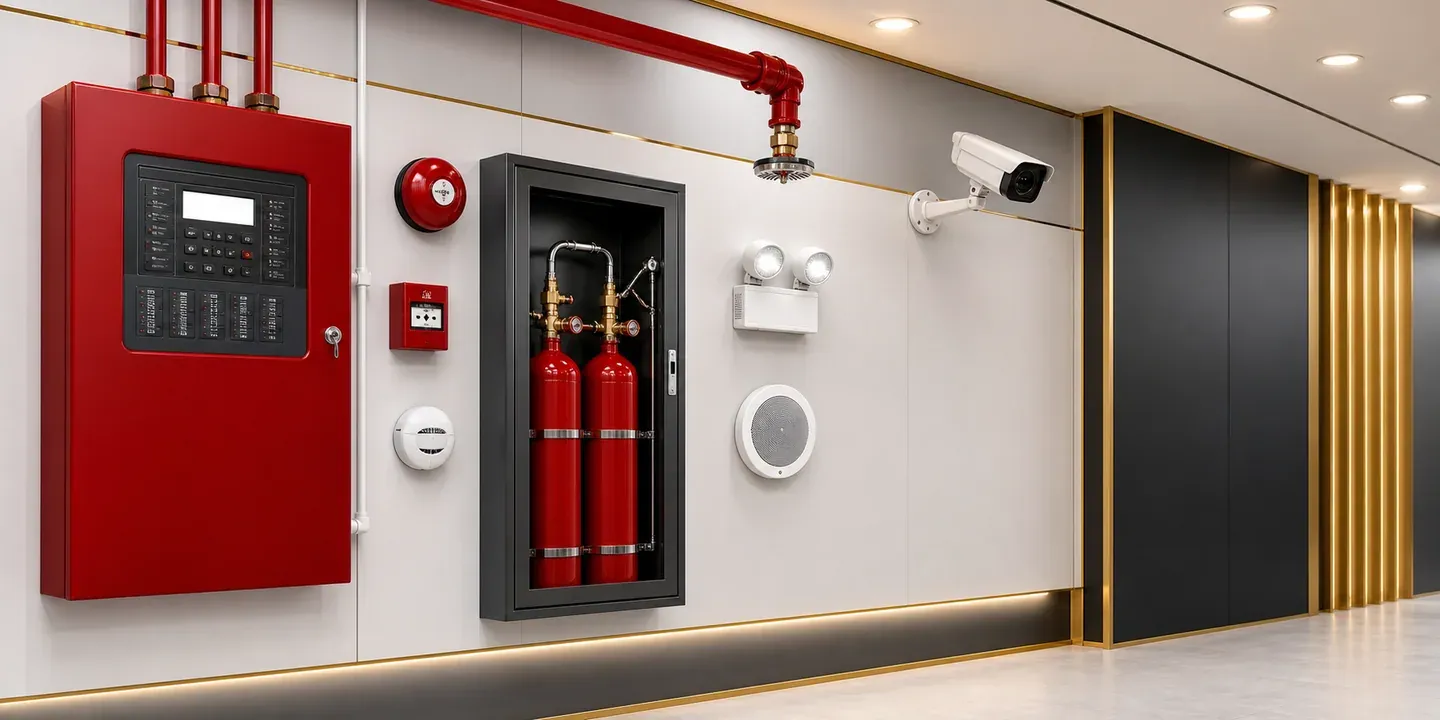 Integrated fire alarm, suppression, emergency lighting, voice evacuation, and CCTV systems.